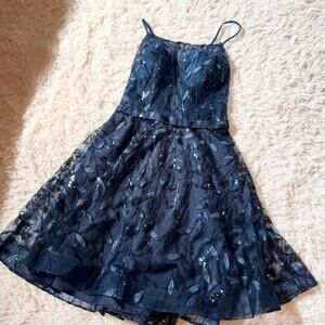 Navy Sequined Corset Whimsical Witchy Sheer Glam Dark Fairy Feminine Hoco Dress